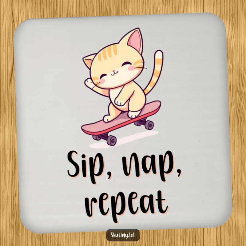 Funny cat character skateboarding with tail high, designed on a coaster to protect surfaces with humorous style.