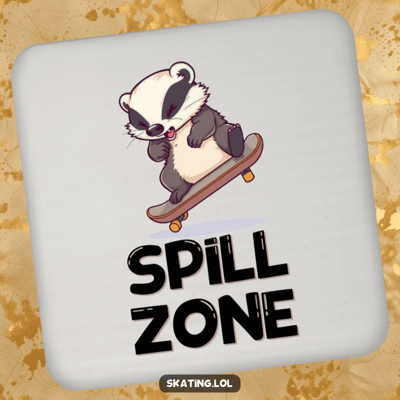 Funny drink coasters featuring a clumsy badger hilariously entangled on a skateboard during a flip, bringing joy.