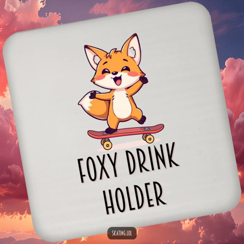 Funny fox balancing on a skateboard with one paw, designed as a humorous coaster.