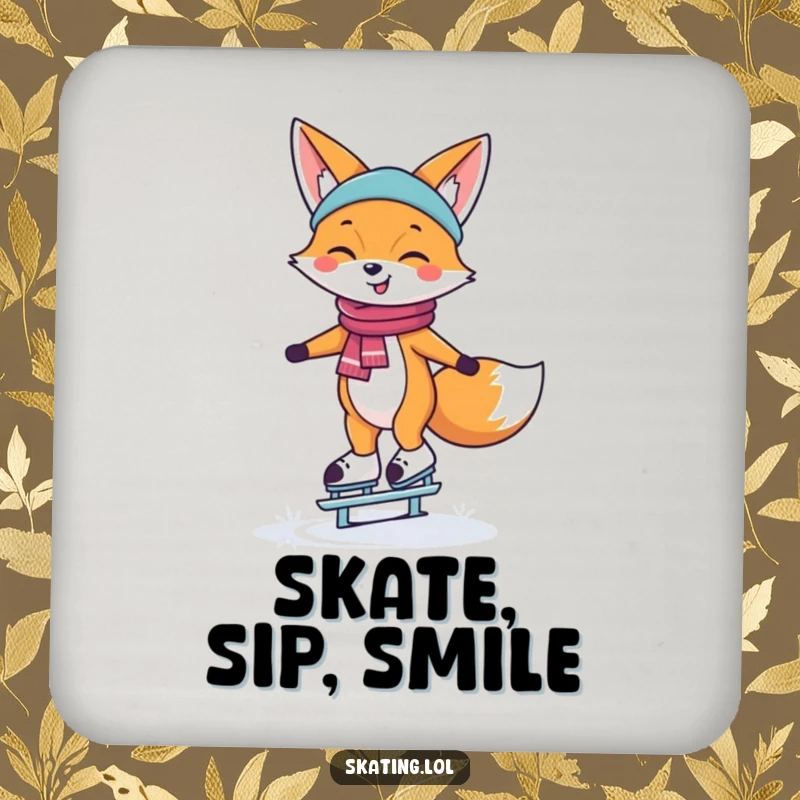 Funny Drink Coaster showing a happy fox smiling and balancing on ice skates, designed to protect tables.