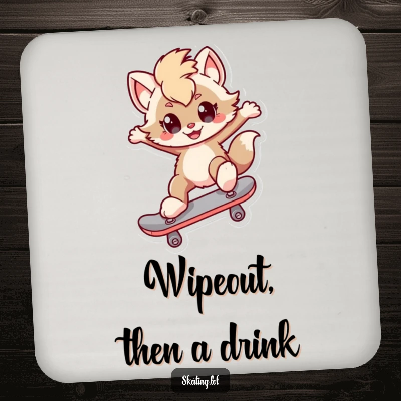 Funny Coasters: A furry character with a playful smirk performs a kickflip on a skateboard, protecting furniture with style.