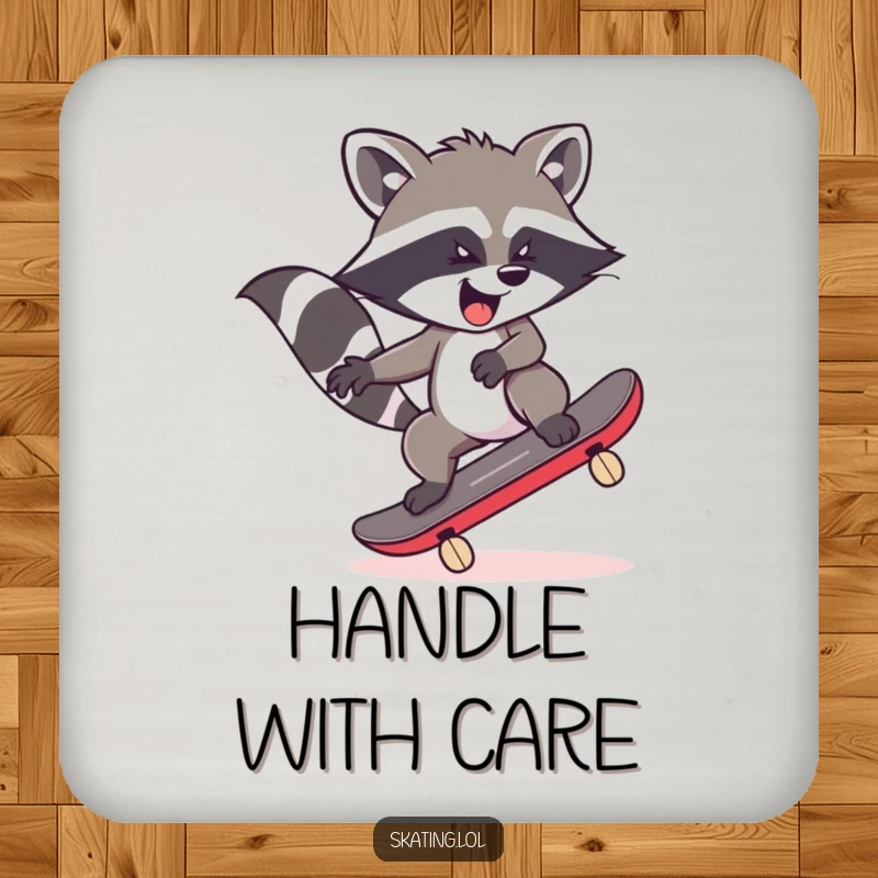 Funny raccoon character wobbling on a skateboard, illustrated on a coaster for humorous surface protection.