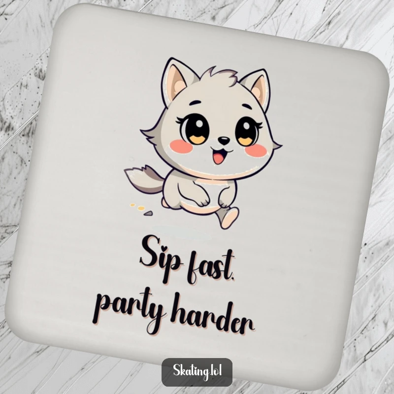 Funny Coasters: A round animal character with wind-blown fur races joyfully, protecting furniture with style.