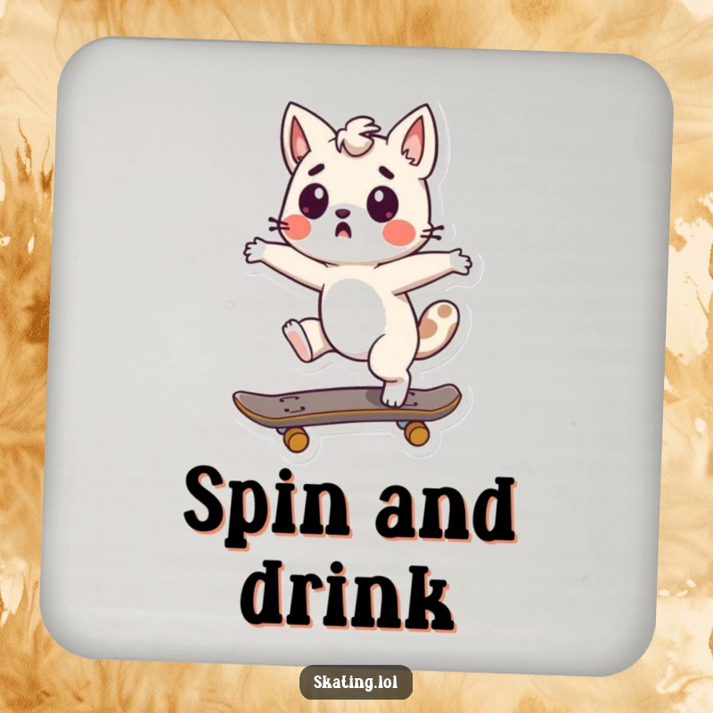 Funny Skateboard Spin Coaster with a cute character doing a surprised spin on a skateboard, protecting surfaces with humor and excitement.