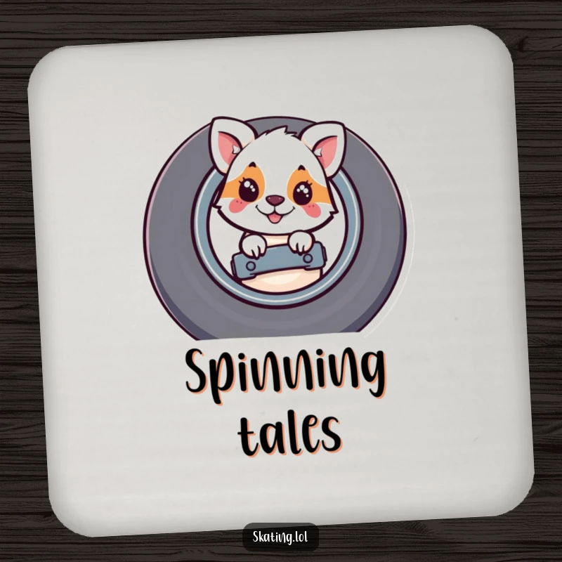 Funny drink coasters featuring a whimsical animal peeking from behind a large skateboard wheel, adding a playful touch.