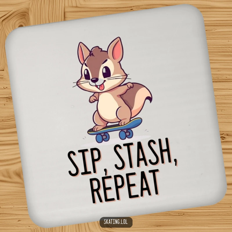 Funny squirrel character pushing off a skateboard, designed on a coaster for humorous surface protection.