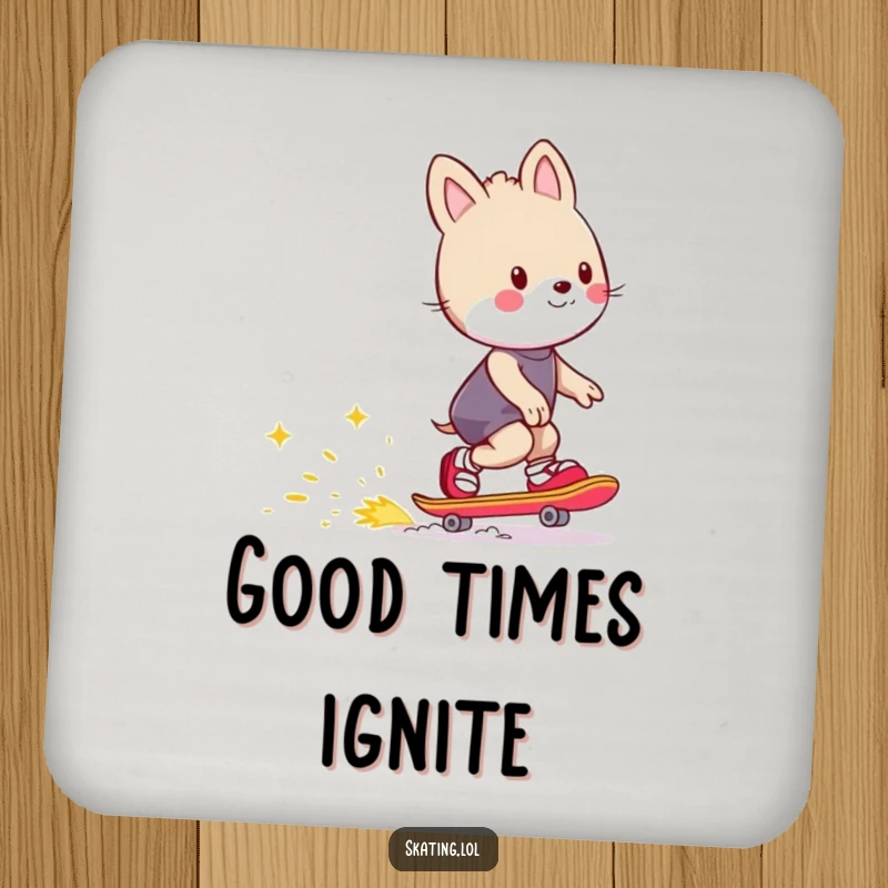 Funny drink coaster with an animal character skating and leaving a trail of happy sparks, adding a humorous and vibrant touch to tables.