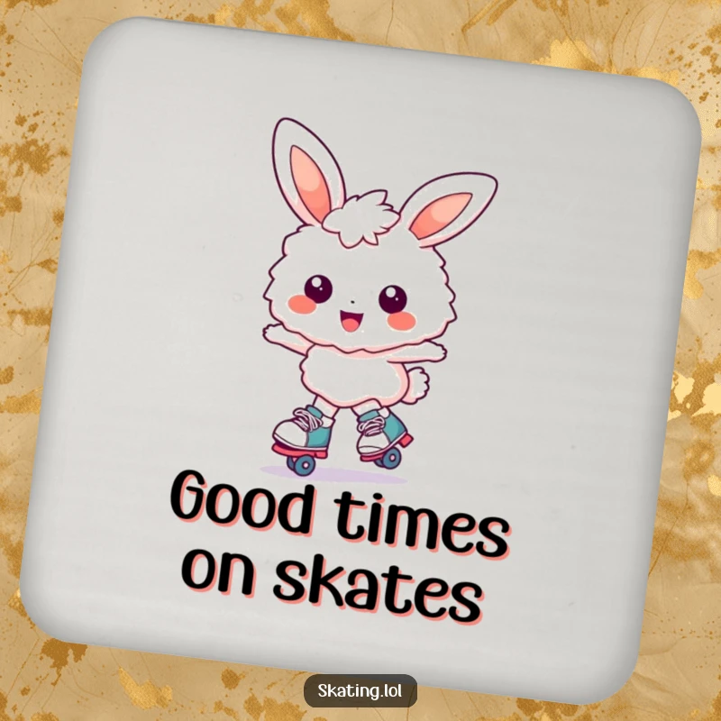 Funny bunny coaster: a fluffy bunny character joyfully glides on roller skates with a huge smile, a fun desk accessory.