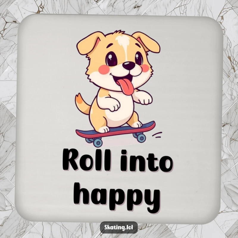 Funny dog coaster with a playful pup enthusiastically pushing off on a roller skate, a charming and practical accessory.