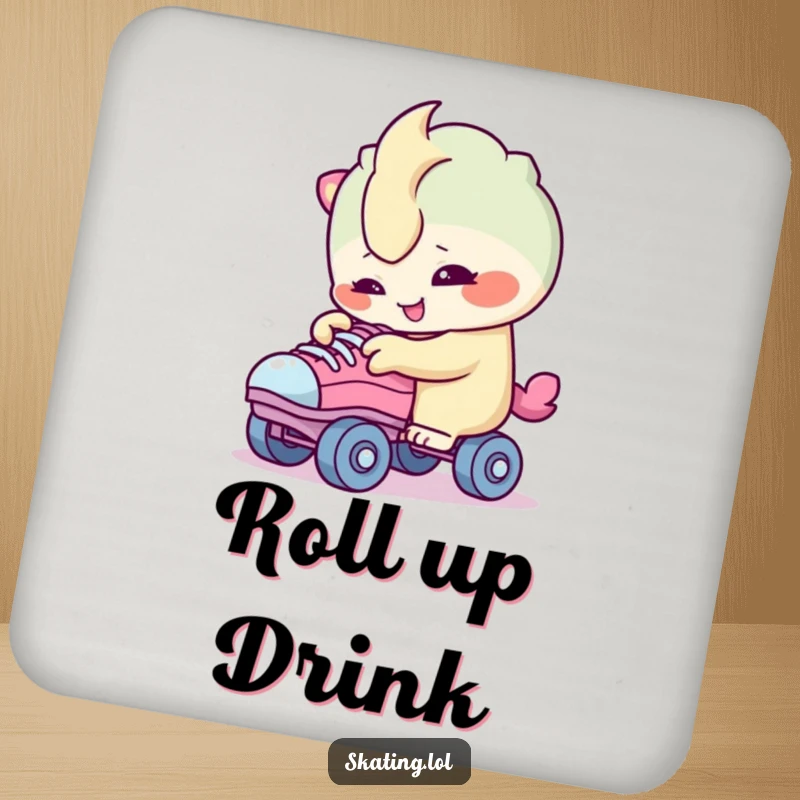 Funny drink coaster featuring a creature character smiling while examining roller skate wheels, protecting surfaces with humor.