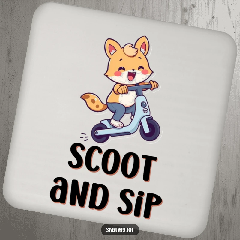 Cute animal character performing a scooter trick, featured on a drink coaster for humorous surface protection.