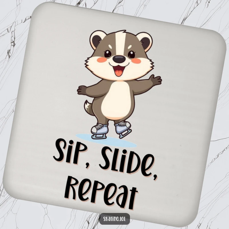Funny ice skating badger coaster set, a happy animal spinning on ice, protecting tables with humor.