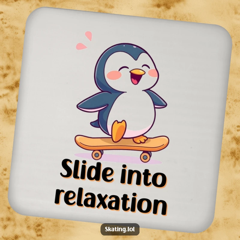 Funny penguin character sliding sideways on a skateboard, designed on a coaster for humorous surface protection.