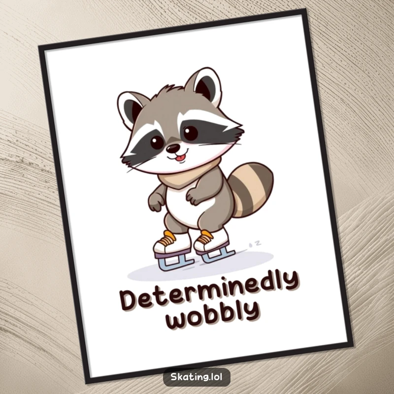 Funny raccoon ice skating poster of a determinedly grinning kawaii raccoon wobbling on ice skates; humorous winter wall art.
