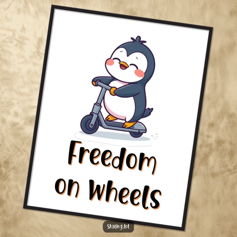 Funny Penguin Poster: A happy penguin zooming on a kick scooter with eyes closed in delight, perfect funny gift.