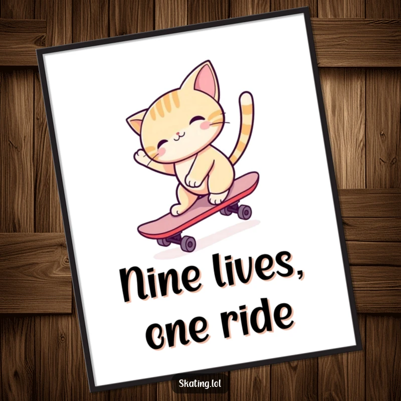 Funny cat character joyfully skateboarding with tail held high, exuding grace and happiness, ideal for humorous wall art.