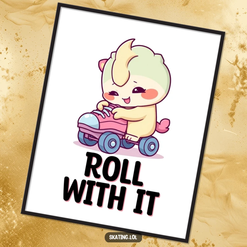 Funny poster art of a creature character smiling while examining roller skate wheels, conveying curiosity and appreciation for detail.