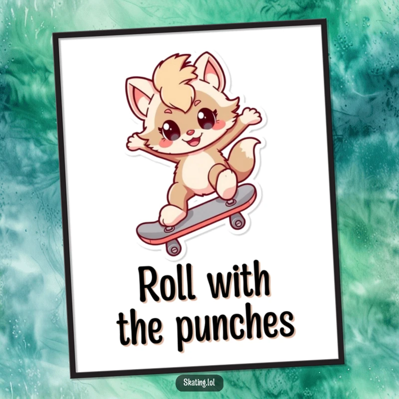 Funny Poster: A furry character with a determined smirk executes a kickflip on a skateboard, capturing dynamic motion.