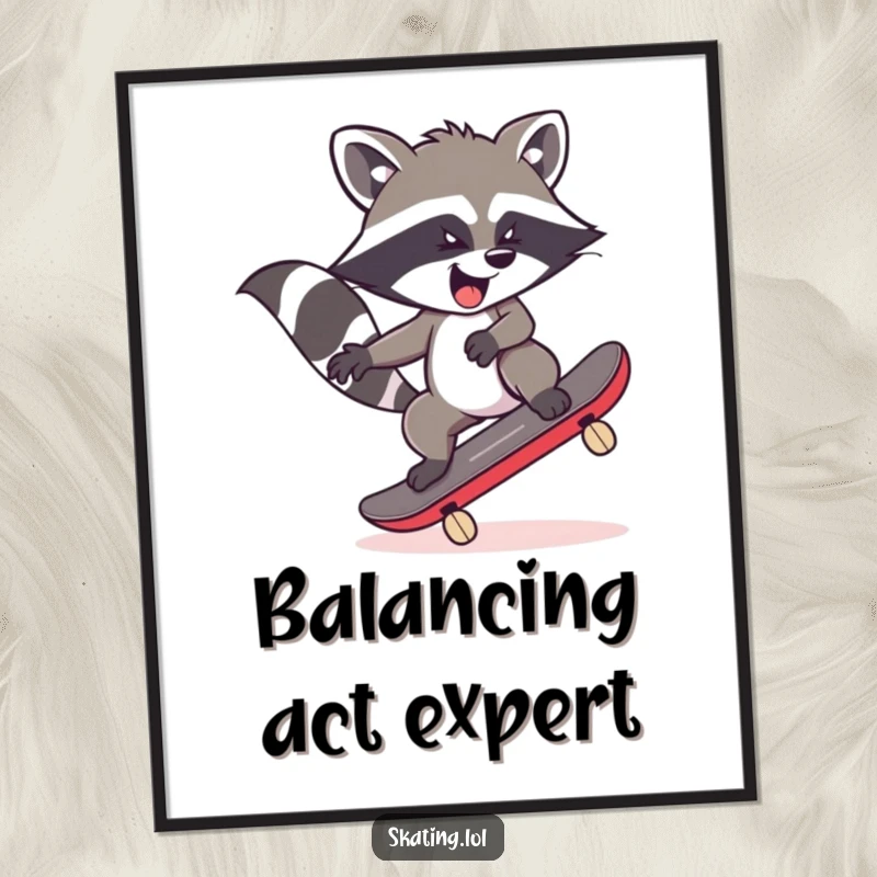 Funny raccoon character wobbling precariously on a skateboard, illustrating hilarious chaos, perfect for humorous wall art.