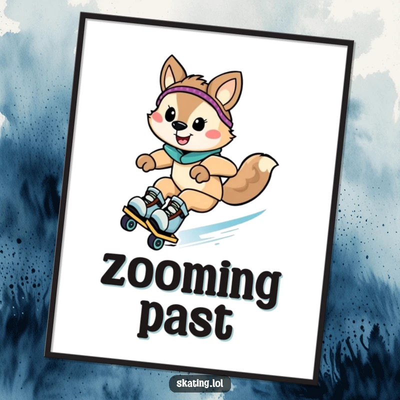 Funny animal character zooming downhill on rollerblades with a grin, presented as vibrant wall art for comedic appeal.