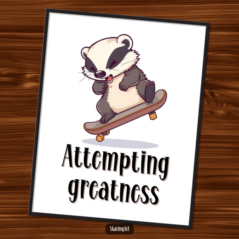 Funny poster: A clumsy badger's legs tangled during a skateboard flip attempt, showcasing pure comedic action and a happy accident.