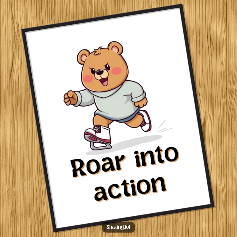 Funny determined bear character skating powerfully, energetic strides, dynamic funny gift art.