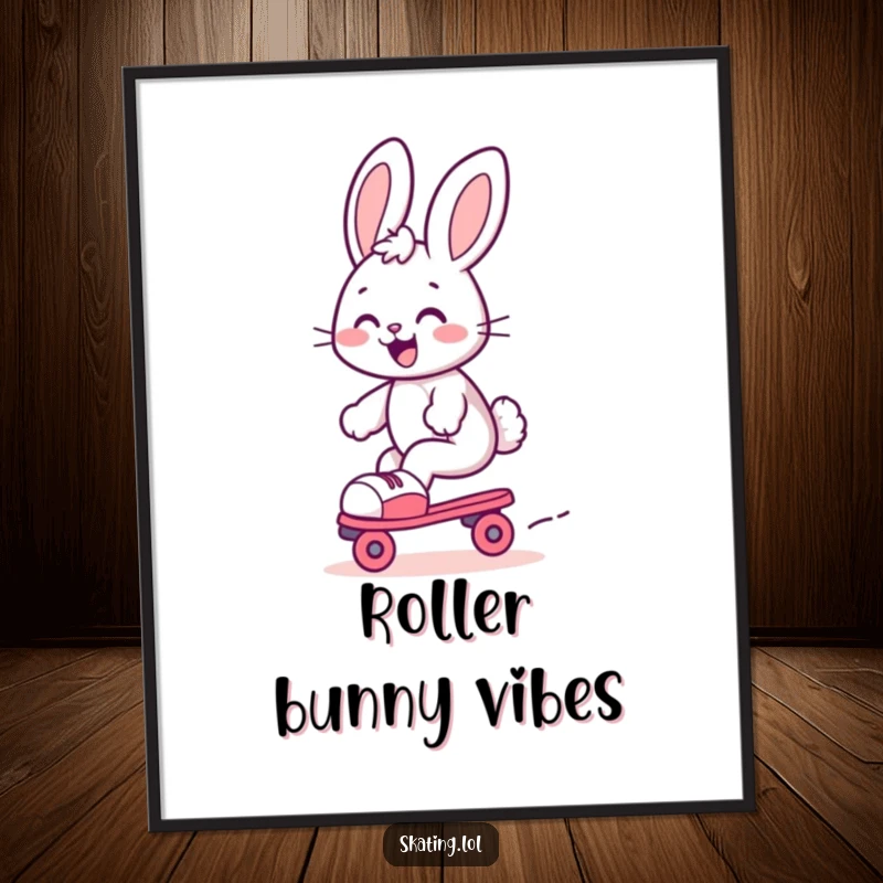 Funny bunny poster, a cute bunny gleefully gliding on roller skates with a joyful expression, bringing energy to walls.