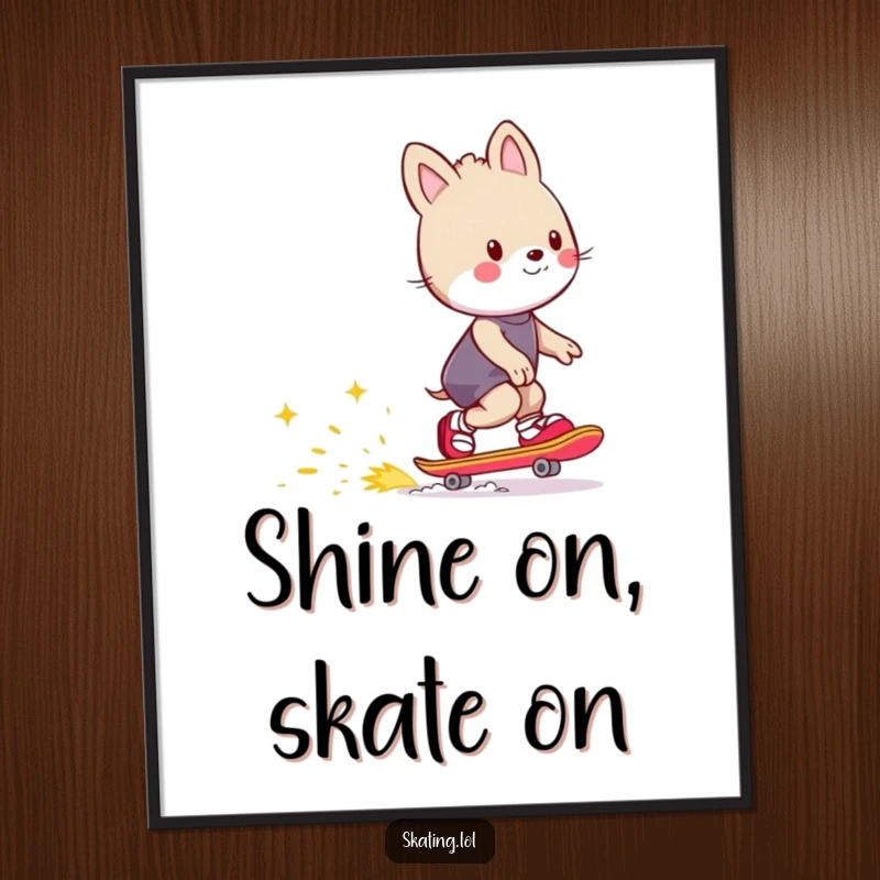 Funny poster featuring an animal character skating with a trail of happy, energetic sparks, a humorous depiction of zest for life.