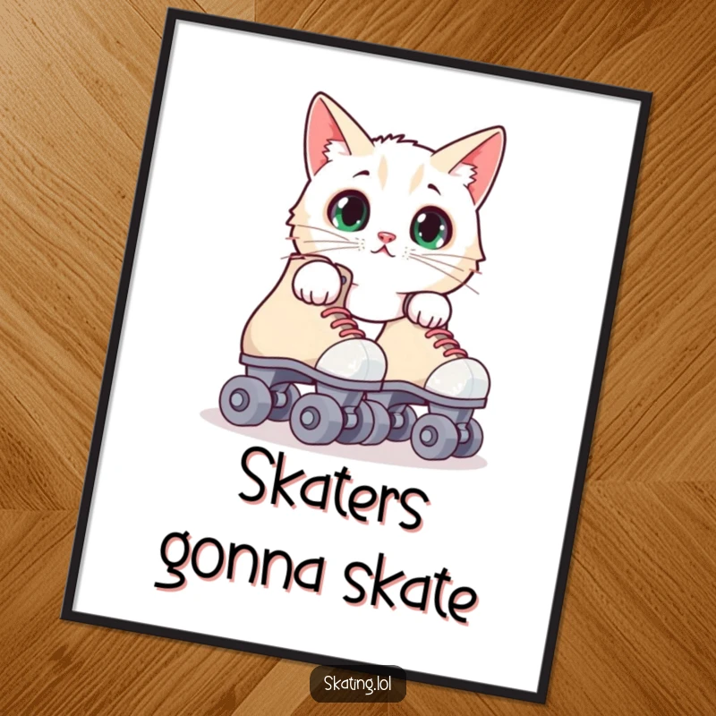Funny surprised cat poster showing a cat peeking from behind roller skates, adding humorous and whimsical decor to any space.