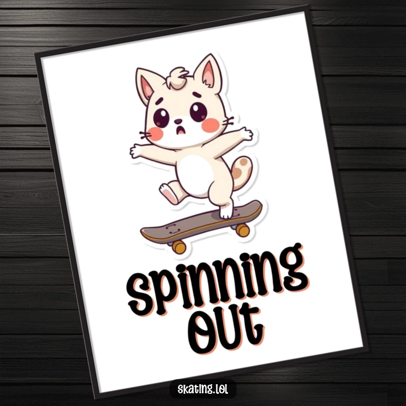 Funny Skateboard Spin Art Poster depicting a cute character doing a surprised spin on a skateboard, celebrating unexpected moments humorously.