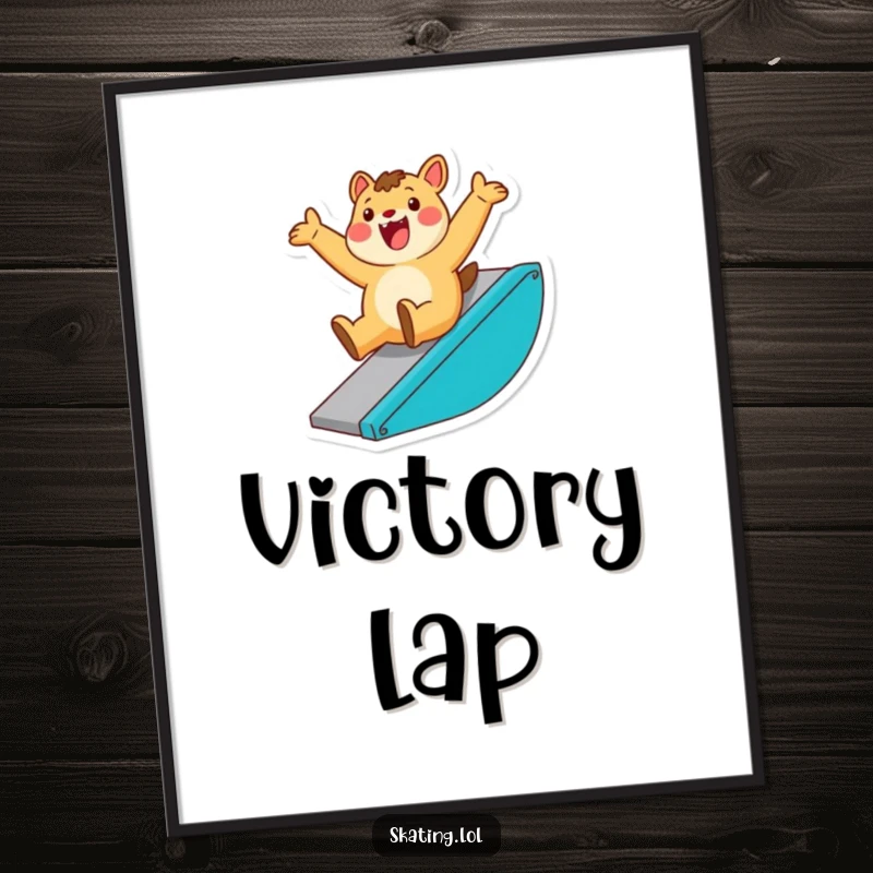 Funny poster depicting an enthusiastic animal character sliding down a ramp with a triumphant flourish, embodying pure exhilaration and fun.