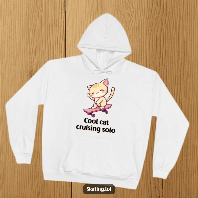 Funny cat character gliding on a skateboard, tail high, radiating happiness and style, perfect for a warm and humorous hoodie.