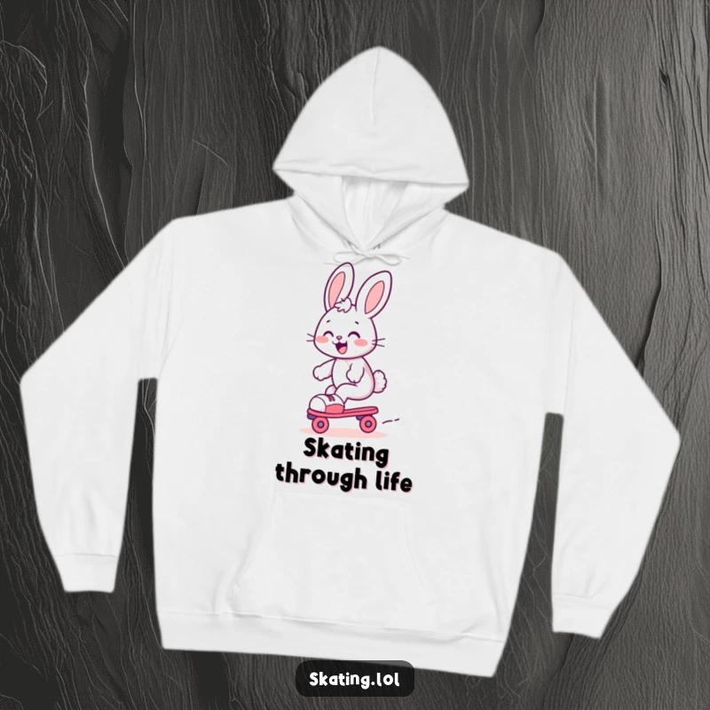 Funny bunny hoodie, a cute bunny gleefully gliding on roller skates with a joyful and happy expression.