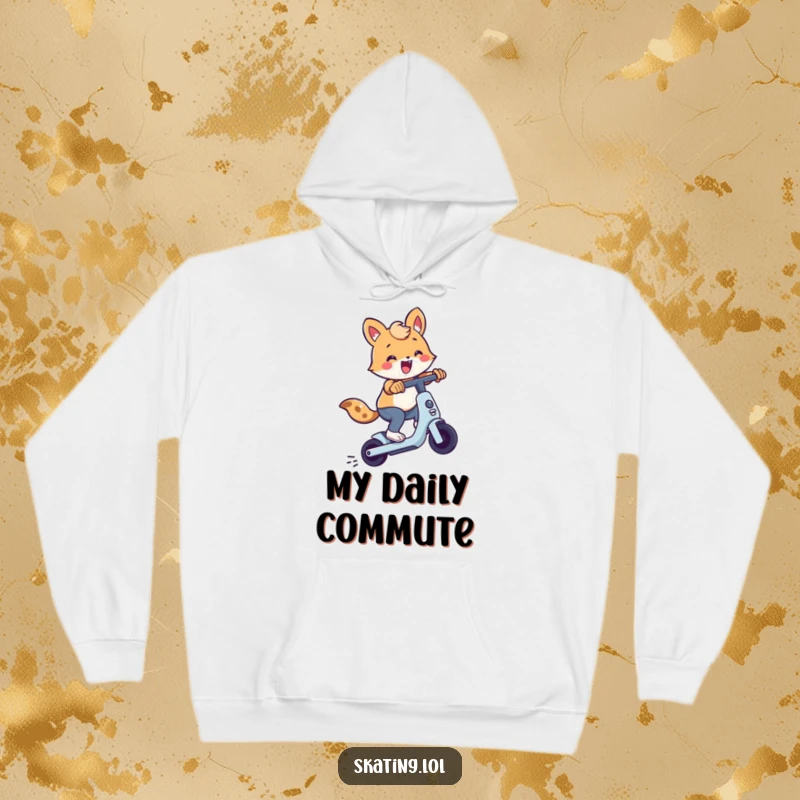 Cute animal character performing a trick on a scooter, featured on a warm hoodie for cozy humor and adventure.