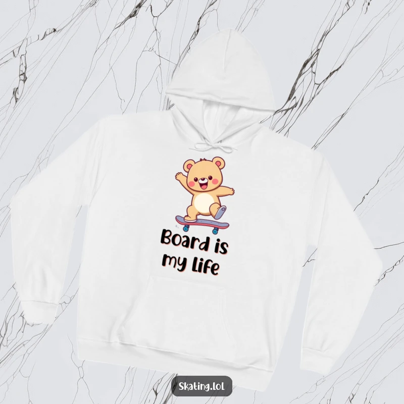 Funny Hoodie showcasing a cheerful bear performing an epic skateboard jump trick, designed for warmth and coolness.