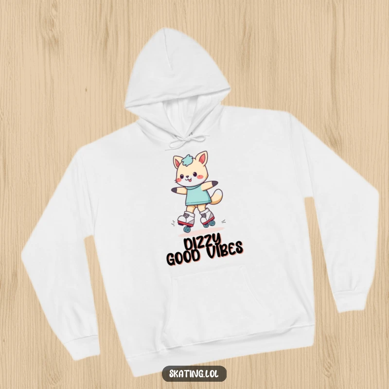 Funny playful animal character doing a spin on roller skates, featured on a warm hoodie for cozy humor and style at home or out.