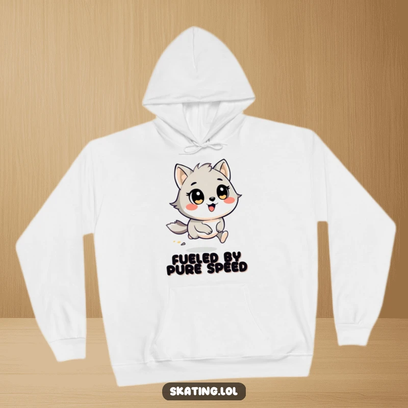 Funny Hoodie: A round, cheerful animal character with wind in its fur, captured mid-race, designed for warmth and humor.