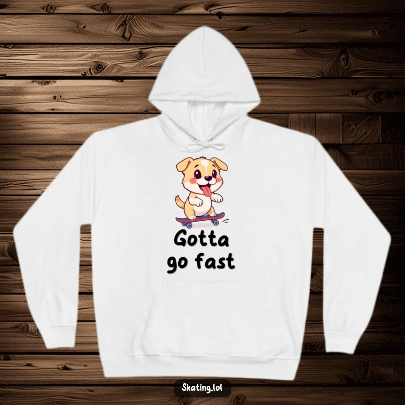 Funny dog hoodie with a playful pup enthusiastically pushing off on a roller skate, perfect for staying warm and active.