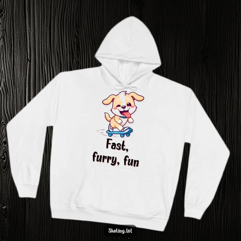 Funny dog character on skates, tongue lolling, huge smile, speeding with excitement, ideal funny gift for cozy laughs.