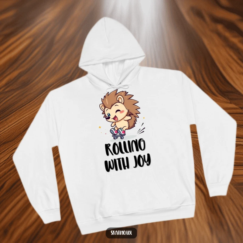 Funny Hedgehog Hoodie: A clumsy hedgehog character rolls comically on skates, generating giggles.