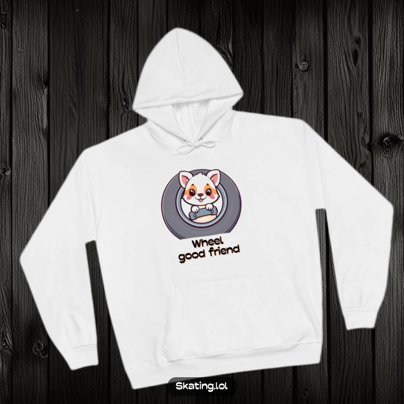 Funny hoodie showcasing a whimsical animal peeking with wide eyes from behind a large, detailed skateboard wheel.