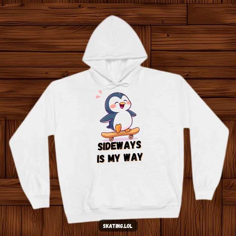 Funny penguin character happily sliding sideways on a skateboard, depicted for a cozy and humorous hoodie design.