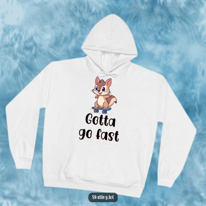 Funny squirrel character determinedly pushing off a skateboard, designed for a warm and humorous hoodie.