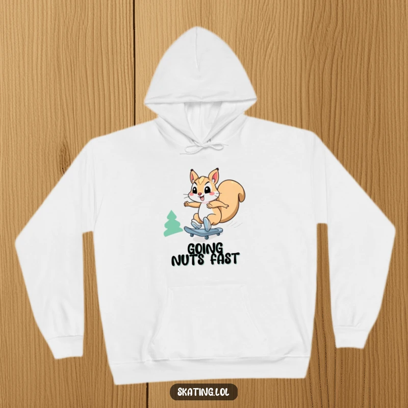 Funny squirrel hoodie: a happy squirrel character comically skates downhill at breakneck speed, embodying pure exhilaration.