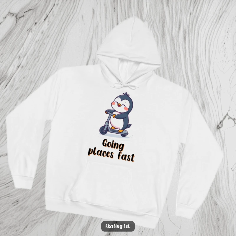 Funny Penguin Hoodie: A joyful penguin excitedly riding a kick scooter with eyes closed in happiness, a perfect funny gift.