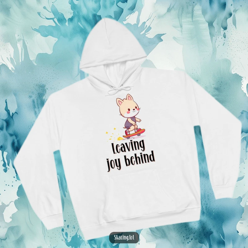 Funny hoodie with an animal character skating energetically, leaving a glowing trail of happy sparks, combining warmth with vibrant humor.