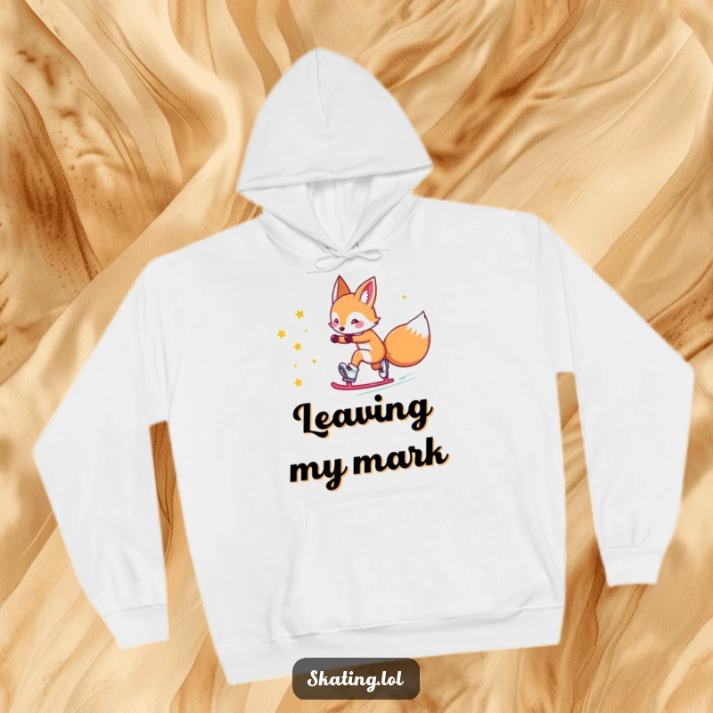 Funny fox hoodie: a cute fox character comically slides on roller skates, leaving a glittery trail of stars behind.
