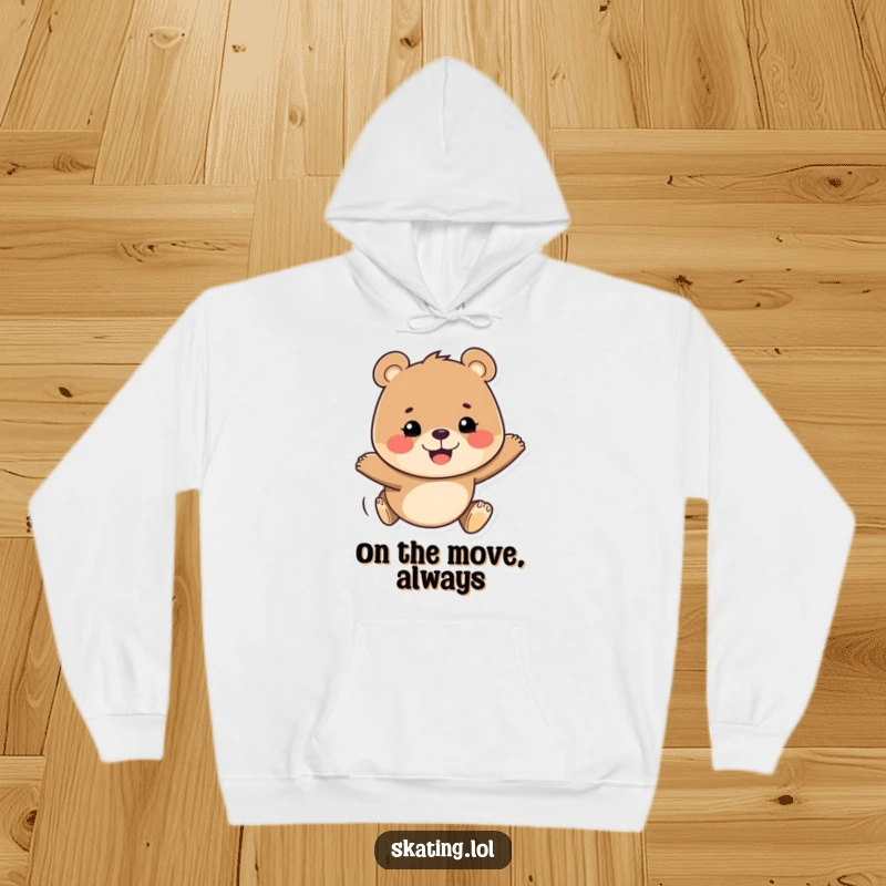 Funny hoodie featuring a happy bear with a determined grin, gliding smoothly with a cheerful and adventurous spirit.