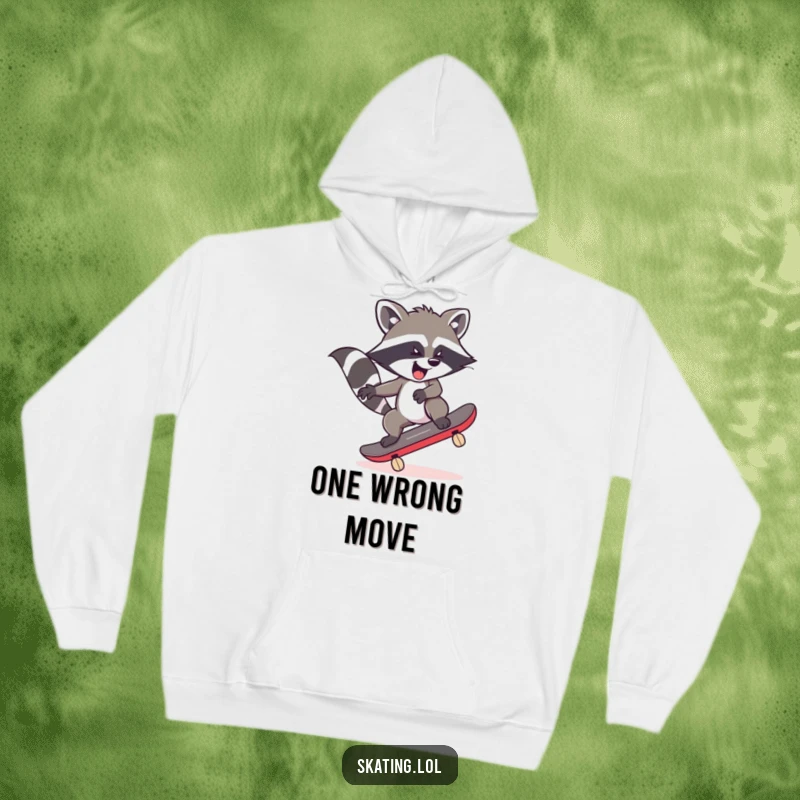 Funny, mischievous raccoon on a skateboard, mid-wobble, ready to fall, perfect for a cozy and humorous hoodie.