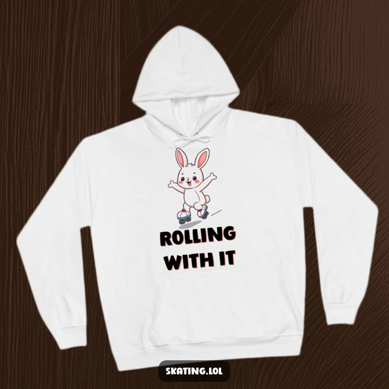 Funny bunny hoodie with a cute character joyfully roller skating with arms outstretched, perfect for staying warm and playful.